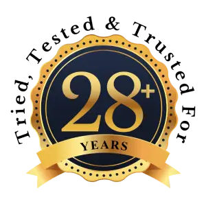 Twenty-eight years of trust seal for Spoken English Centre - Colscalibre, symbolizing reliability and quality.