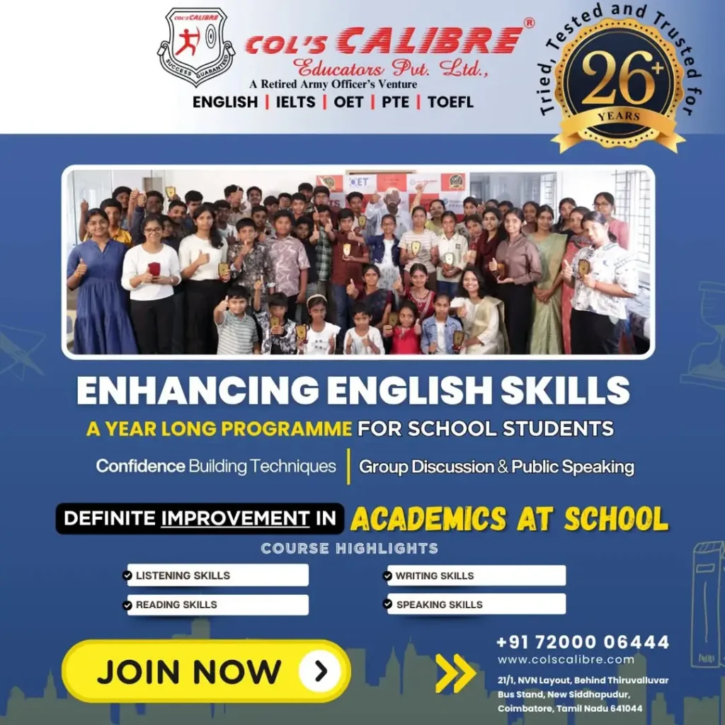 Highlights of the Institute of Calabar, a Spoken English institution in Coimbatore, showcasing its key features and achievements.