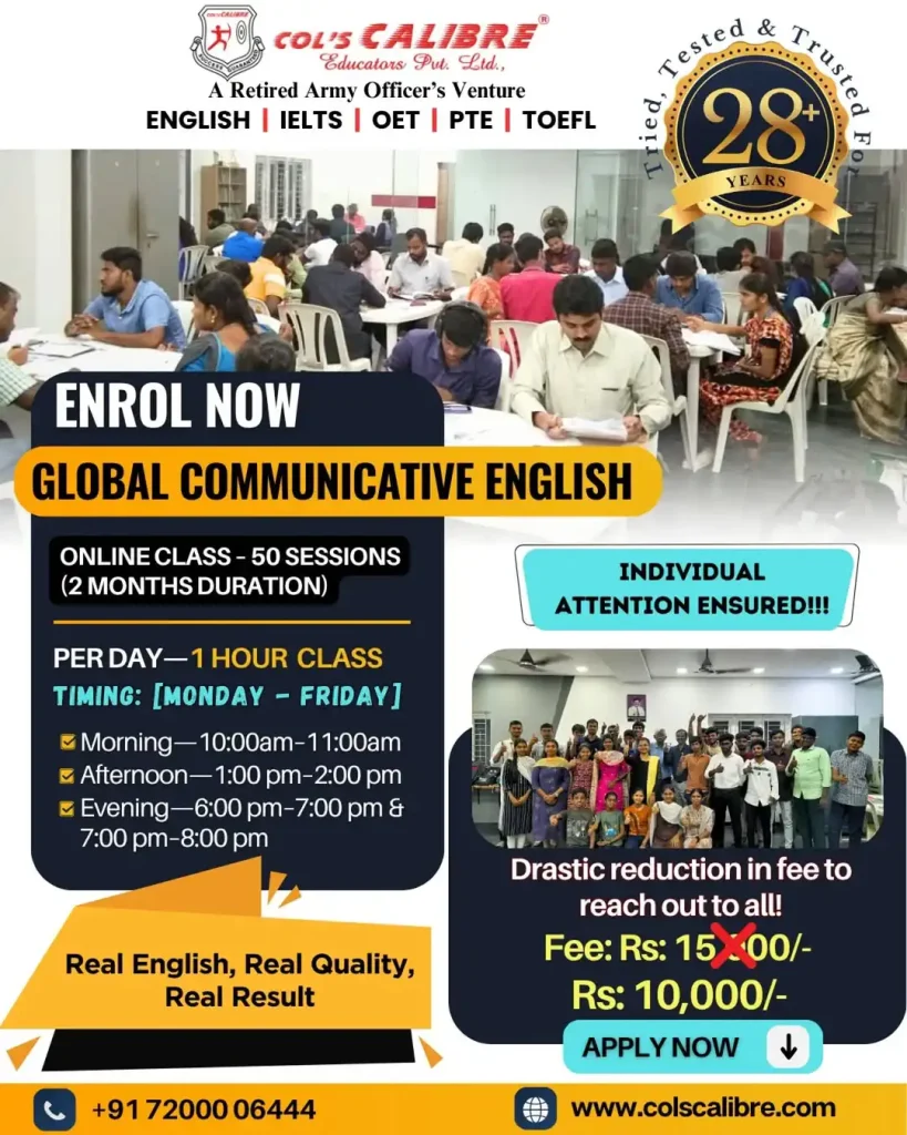 Advertisement for Col's Calibre language classes with a special Independence Day offer of Rs 2000 off on select exams, valid until August 17, 2025; includes contact details and class options.