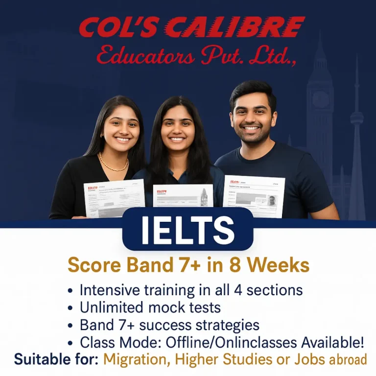 Flyer for Col's Calibre teacher training, promoting the IELTS course offered by Colscalibre