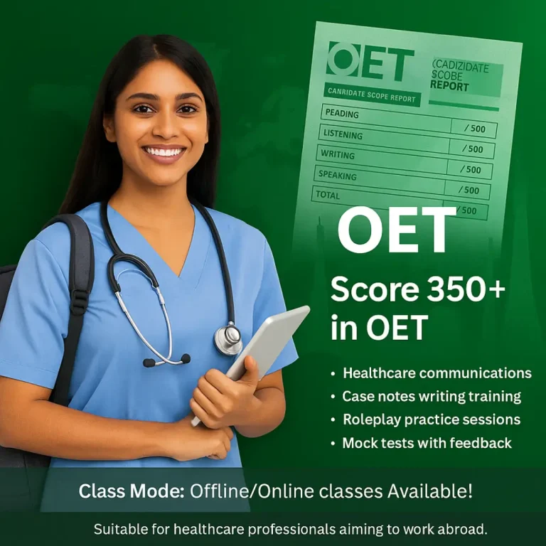 A woman wearing scrubs is holding a tablet, set against a green background, related to the Colscalibre OET course.