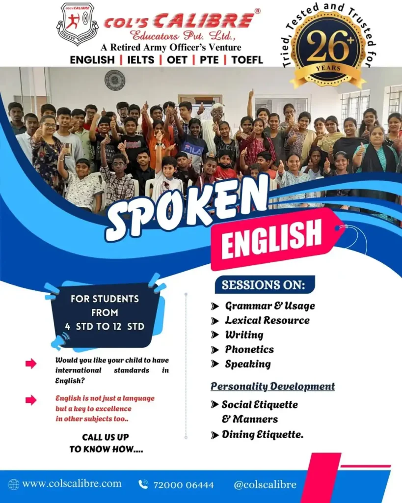 Informative flyer advertising spoken English classes at Colscalibre, Coimbatore, with details on registration and course offerings.