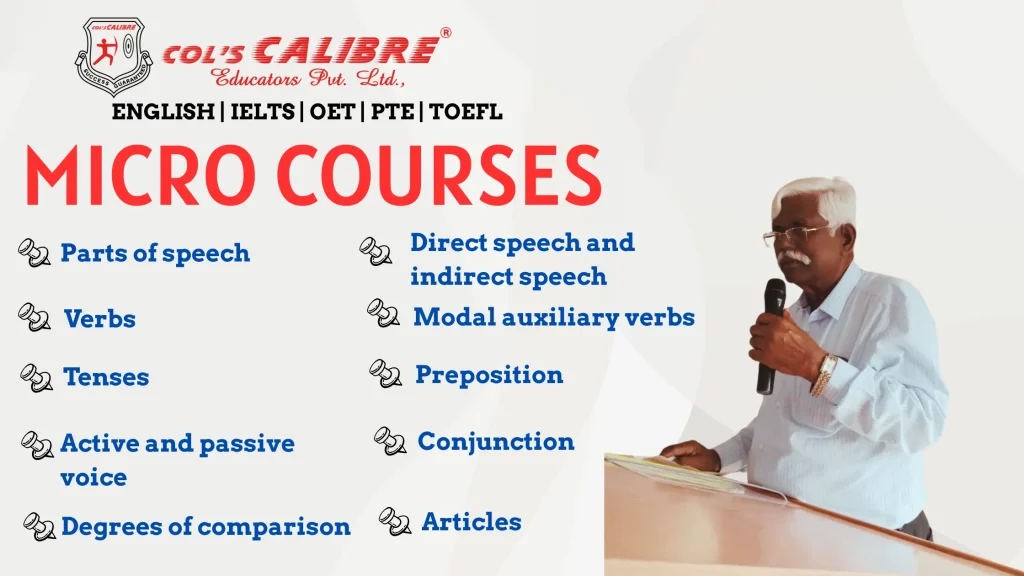 Micro courses in English language offered through Colcalibre, focusing on various language skills and topics.