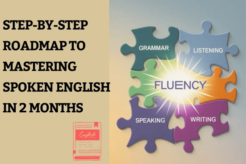 A graphic shows a 5-piece puzzle labeled Grammar, Listening, Speaking, Writing, and Fluency beside text: "Step-by-Step Roadmap to Mastering Spoken English in 2 Months - colscalibre.