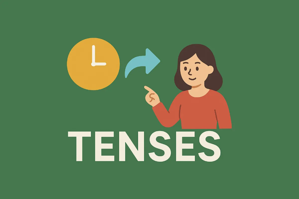 Visual representation of English tenses for micro courses by Colscalibre, illustrating various tenses forms and their uses.