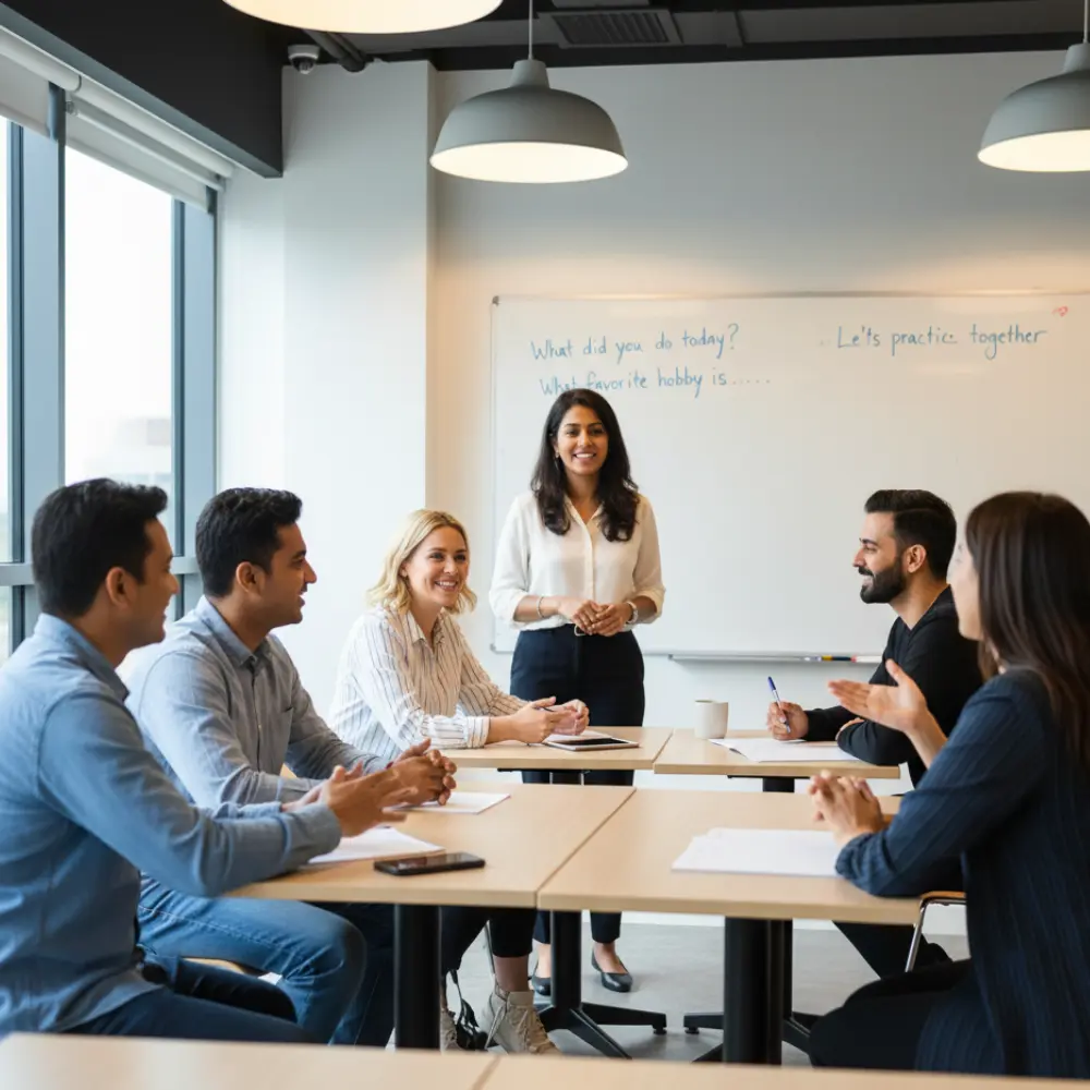 A woman addresses a group in a meeting room, engaging them in discussion about Speak English-Cols Calibre.