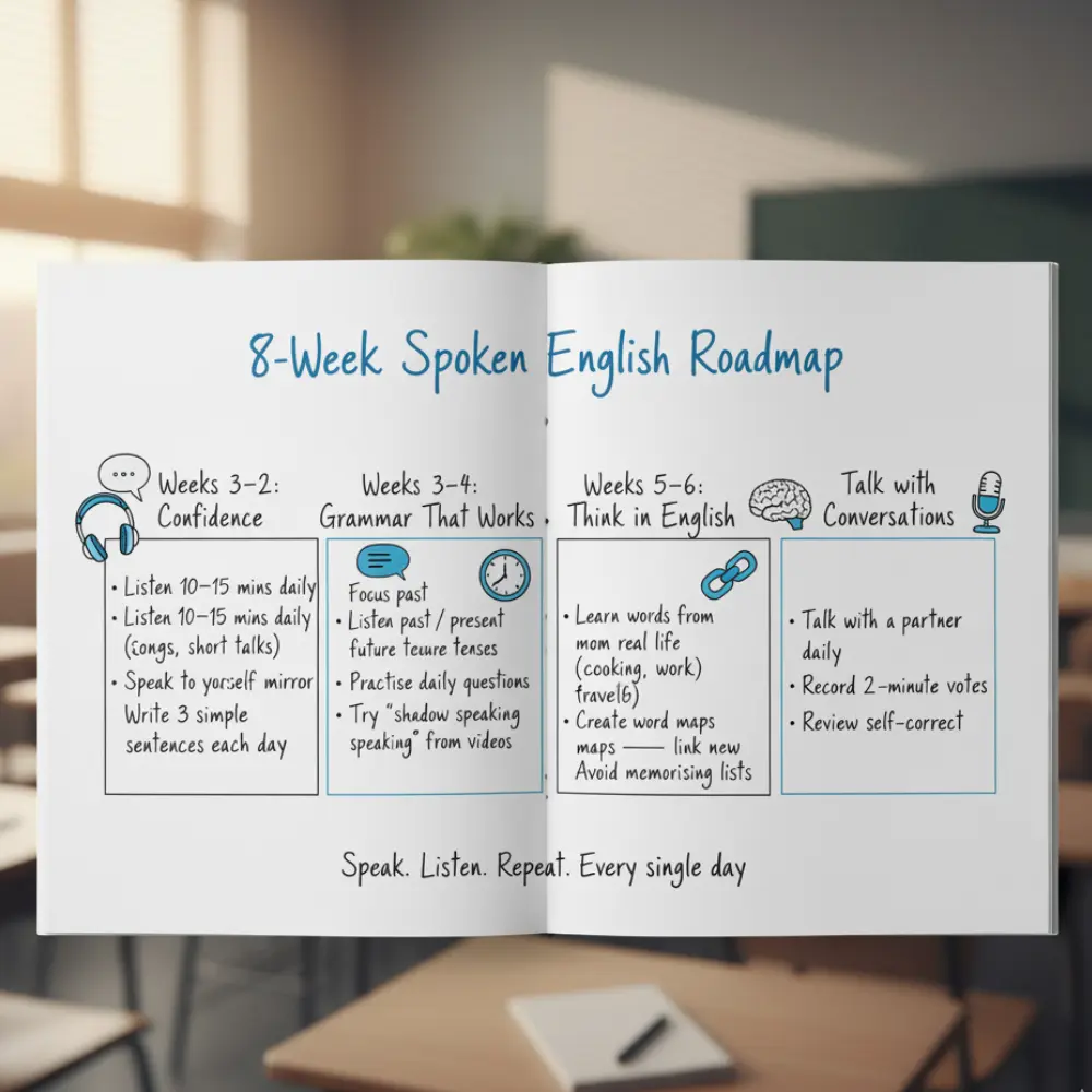 -week English learning roadmap titled "Speak English-Cols Calibre" outlining key topics and milestones for learners.