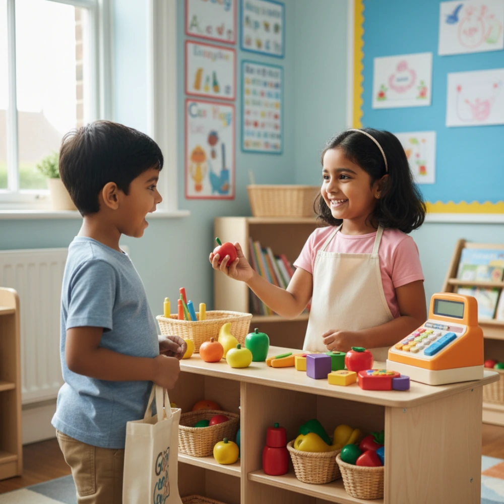 Children doing a simple English roleplay activity to build speaking confidence supported