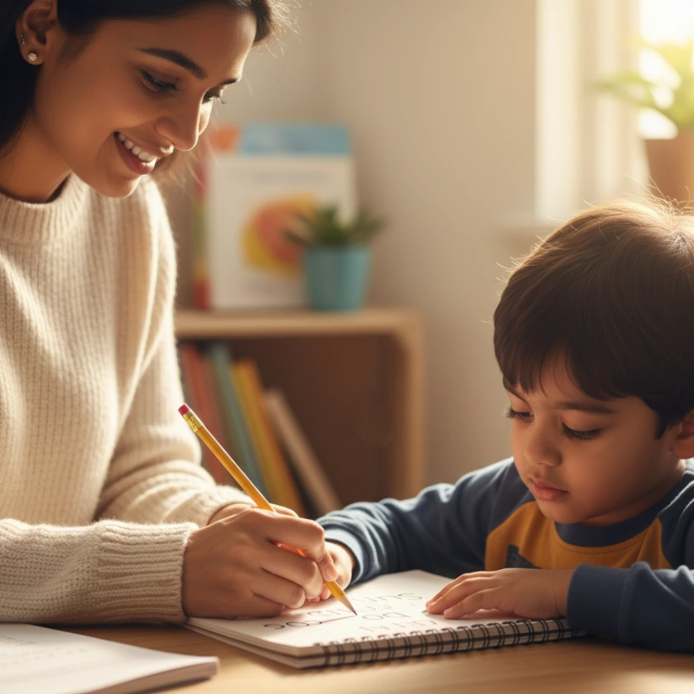 Parent helping a child practise daily English writing to improve vocabulary and confidence with support