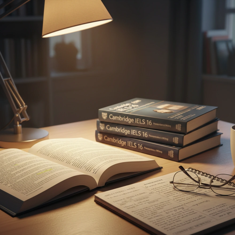 Cambridge IELTS books and notes on a desk supporting preparation with IELTS Reading strategies for 2026.