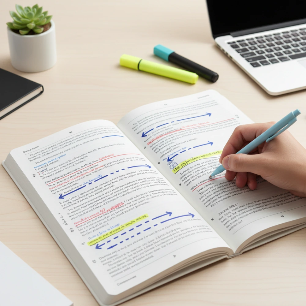 Top view of passage with skimming arrows demonstrating scanning skills used in IELTS Reading strategies for 2026.