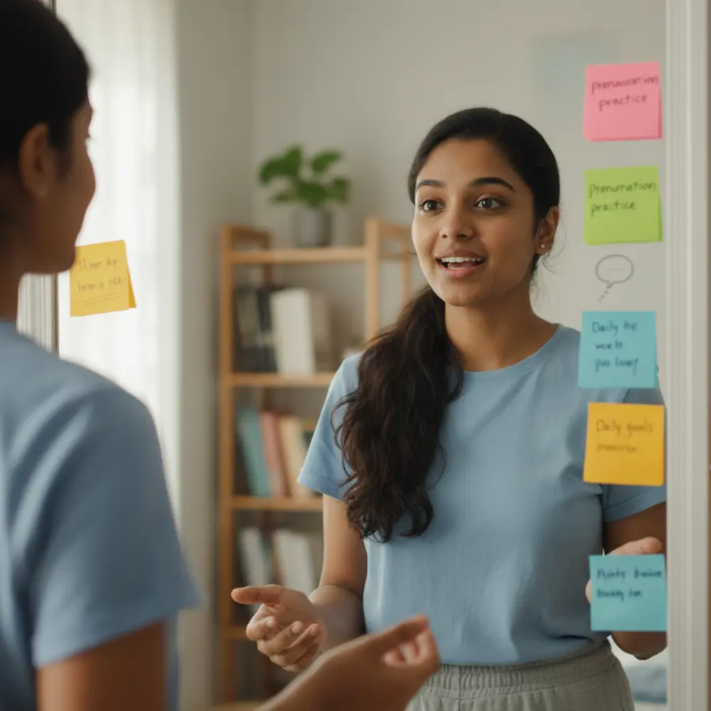 A woman stands before a mirror, surrounded by colorful post-it notes on the wall, labeled with English phrases