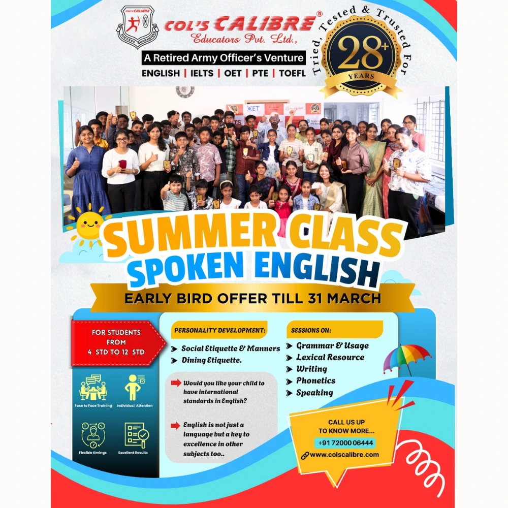 Summer camp for school students in Coimbatore covering spoken English, grammar training, phonetics, writing practice and personality development