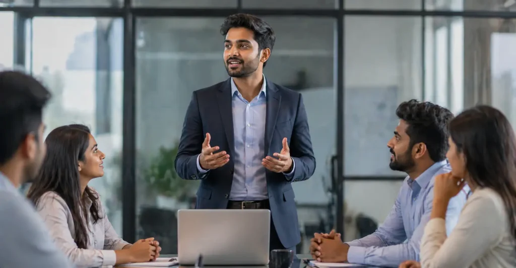 Confident professional demonstrating how to think in English while speaking in a meeting, showing fluent communication in workplace