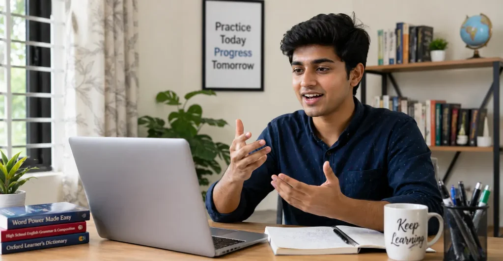 How to speak English fluently at home with a learner using a laptop and notebook in a bright setting