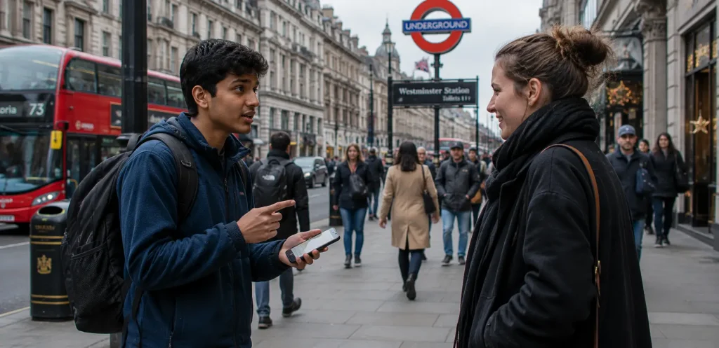 Young learner applying daily English speaking practice sentences to ask for directions in London.