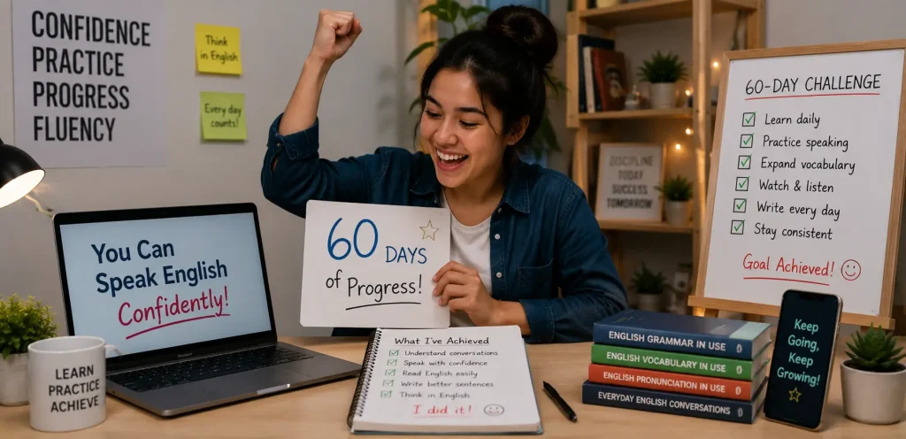 Learn English in 60 Days successfully with improved communication skills, completed study goals, and English learning progress